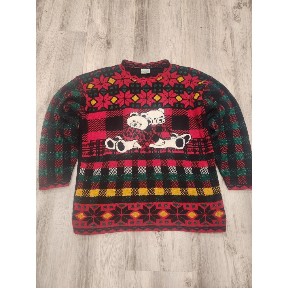 Vtg Squeeze Me Ugly Christmas Sweater Black Red Plaid Panda Bears Poinsettias LG